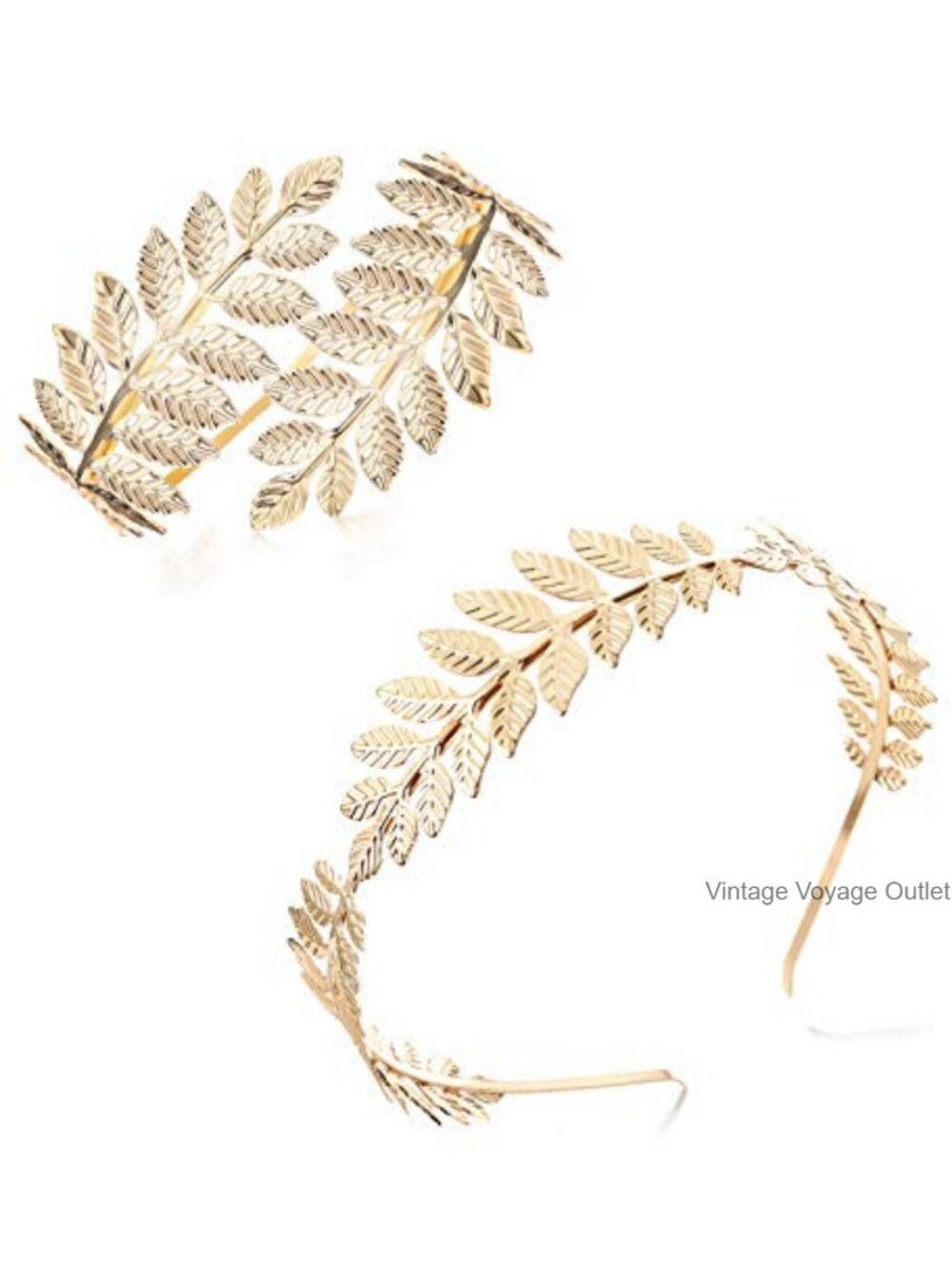Gold Plated Leaf Headband Arm Cuff Set Adjustable Greek Goddess Costume Jewelry